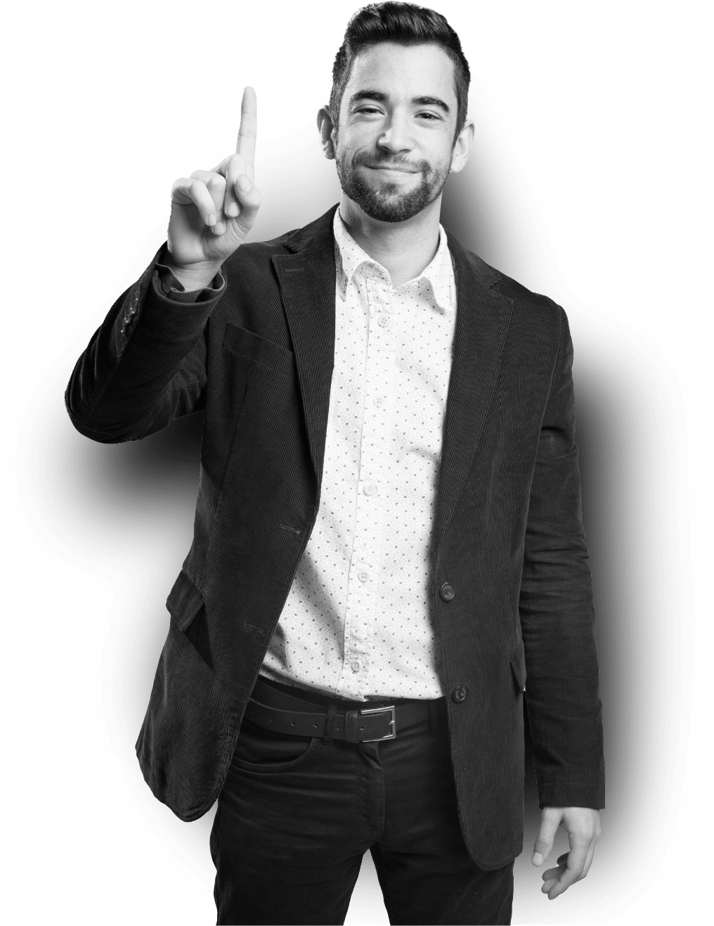 A person smiling and raising his thumb